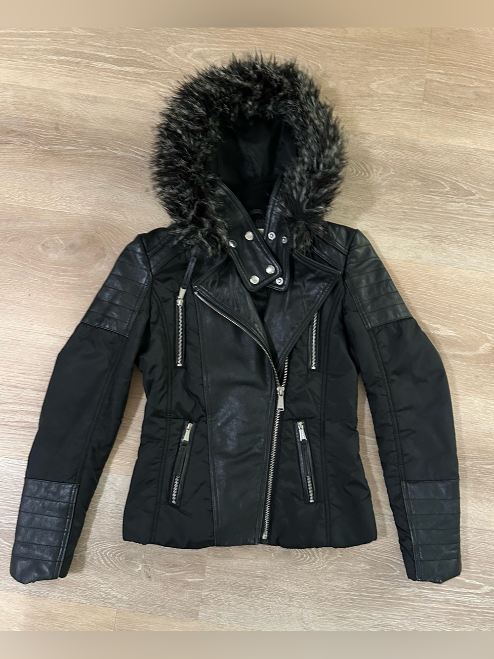 Michael Kors Black Real Leather Moto Puffer Jacket Faux Fur Hood Quilted XS